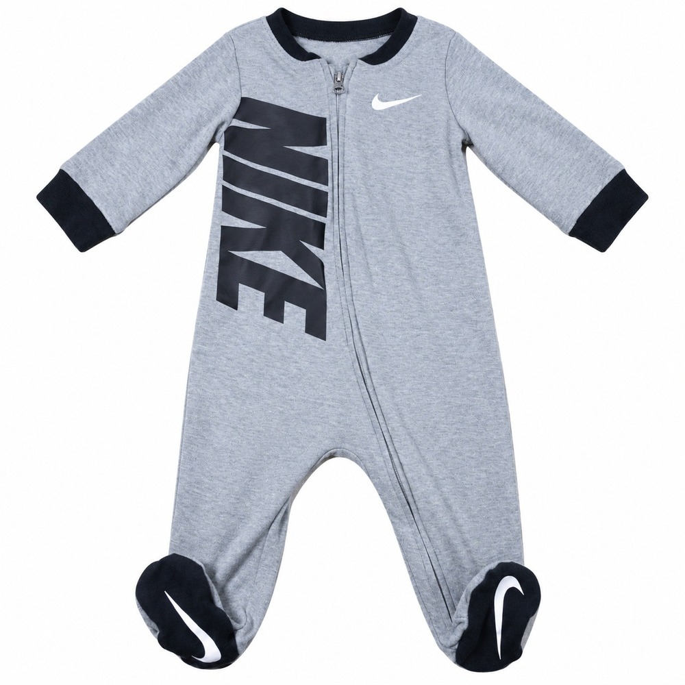 Nike Baby Footed Coverall 6M Gray Black Big Logo Full Zip Sleeper One Piece